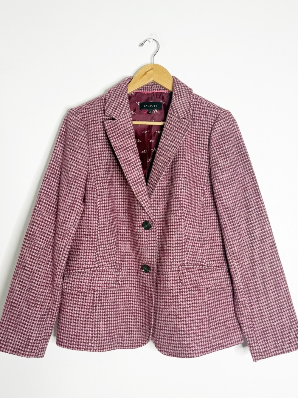 Talbots Houndstooth Wool Blend Blazer Size 12 Pink Burgundy Equestrian Lining